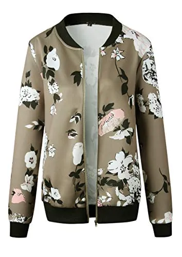 ECOWISH Women's Floral Zip Up Bomber Jacket