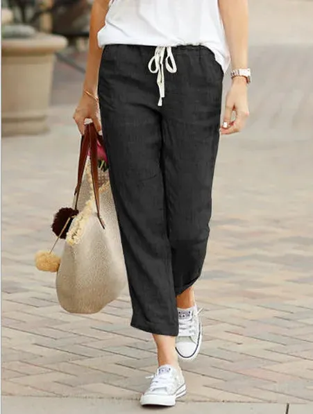 Elegant Black Drawstring Elastic Waist Casual Pants