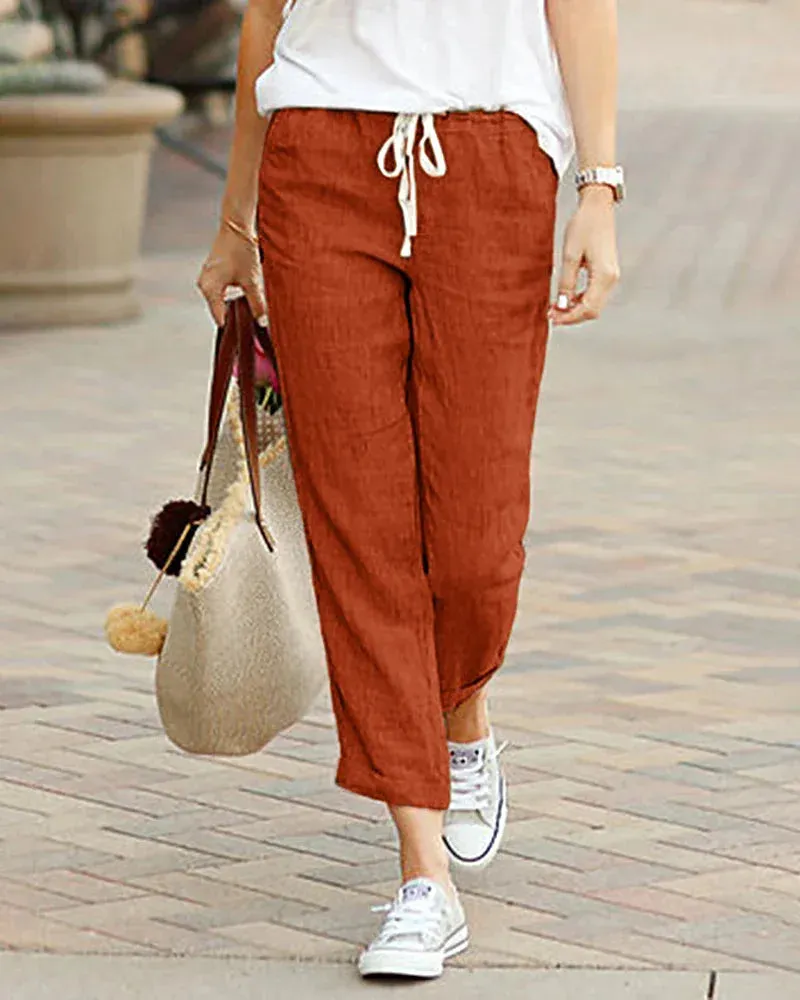 Elegant Black Drawstring Elastic Waist Casual Pants