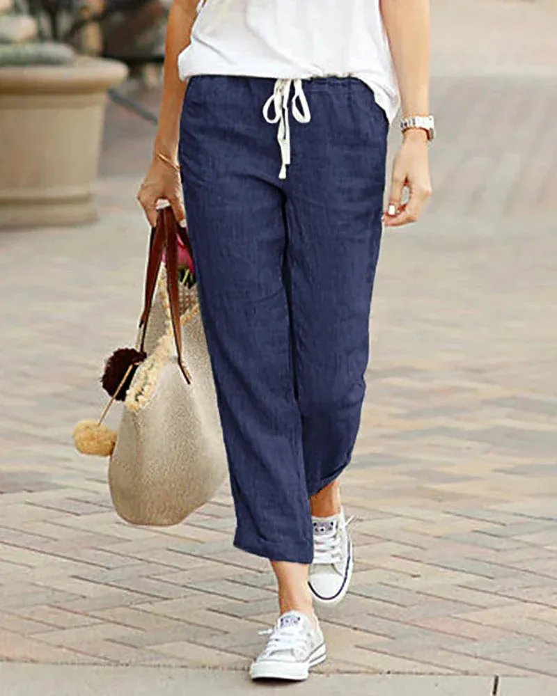 Elegant Black Drawstring Elastic Waist Casual Pants