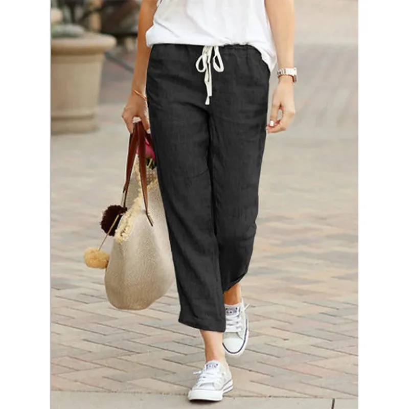 Elegant Black Drawstring Elastic Waist Casual Pants