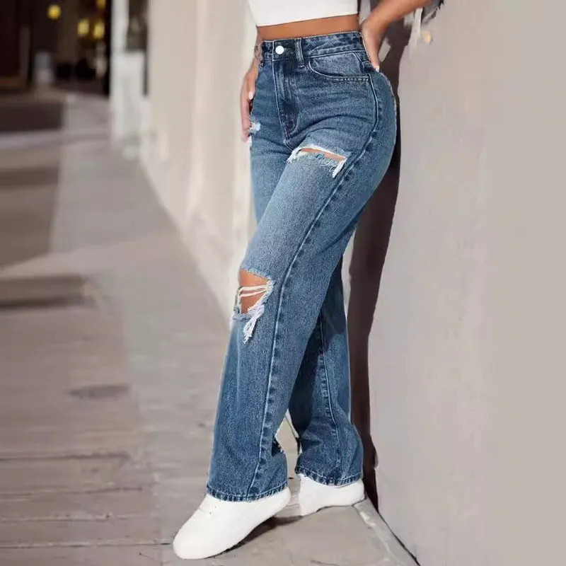 European & American Ripped Women's Jeans – High Waist, Straight-Leg, Sky Blue, Non-Stretch Cotton