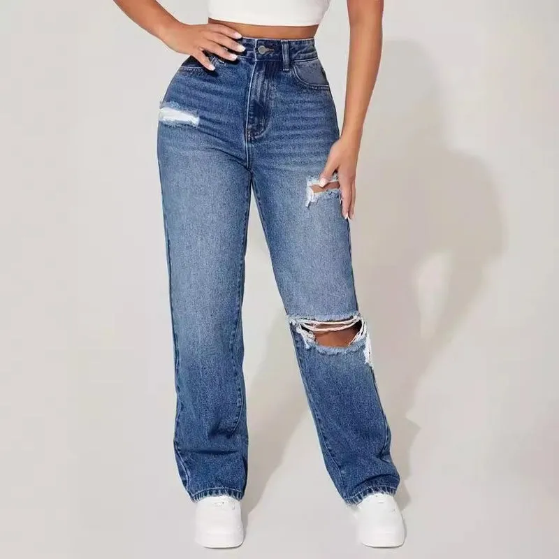 European & American Ripped Women's Jeans – High Waist, Straight-Leg, Sky Blue, Non-Stretch Cotton