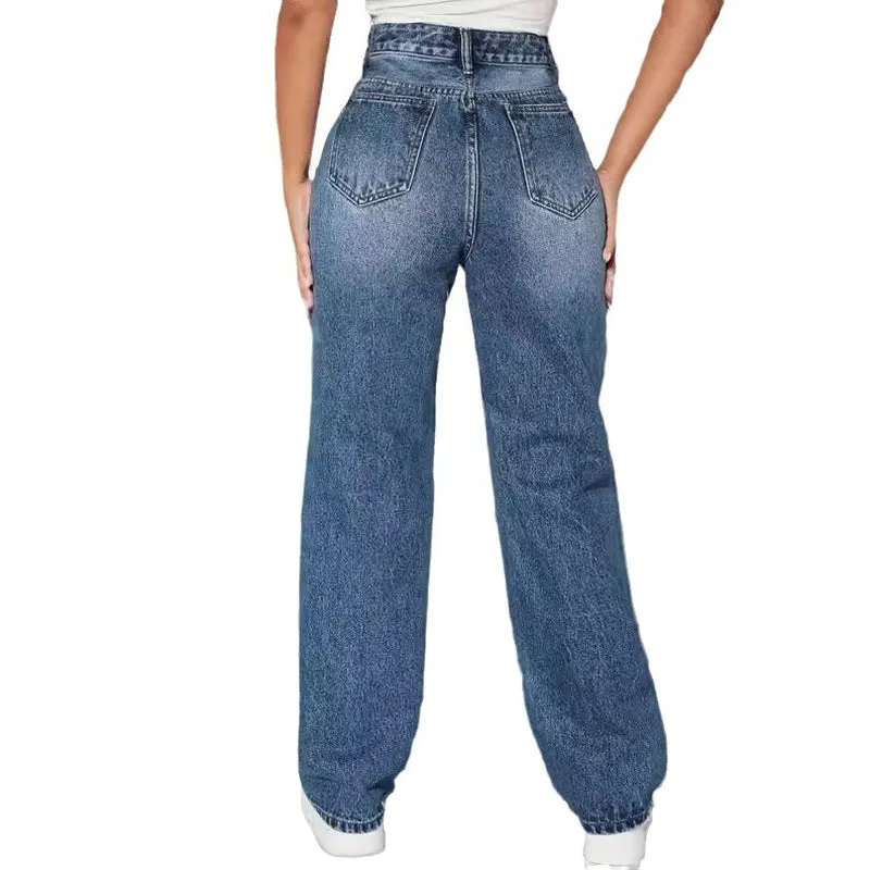 European & American Ripped Women's Jeans – High Waist, Straight-Leg, Sky Blue, Non-Stretch Cotton
