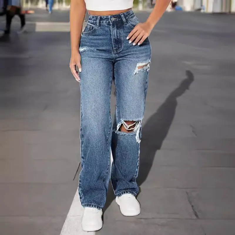 European & American Ripped Women's Jeans – High Waist, Straight-Leg, Sky Blue, Non-Stretch Cotton