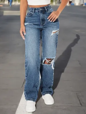 European & American Ripped Women's Jeans – High Waist, Straight-Leg, Sky Blue, Non-Stretch Cotton