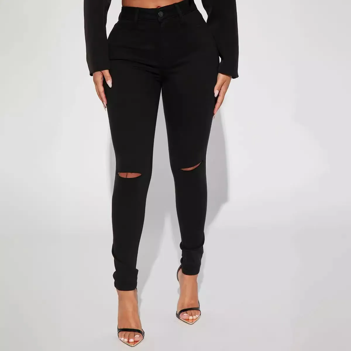 Factory Direct Sales Black Ripped Jeans Europe and America Cross Border Skinny Denim Women's Pants Skinny Black Leggings Pencil Pants