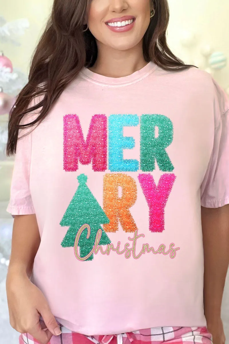 Faux Tinsel Merry Christmas Transfer Comfort Colors Adult Ring-Spun Cotton Tee