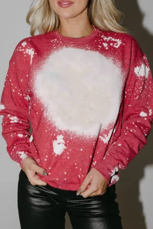 Fiery Red Bleached Tie-dye Print Crew Neck Pullover Top