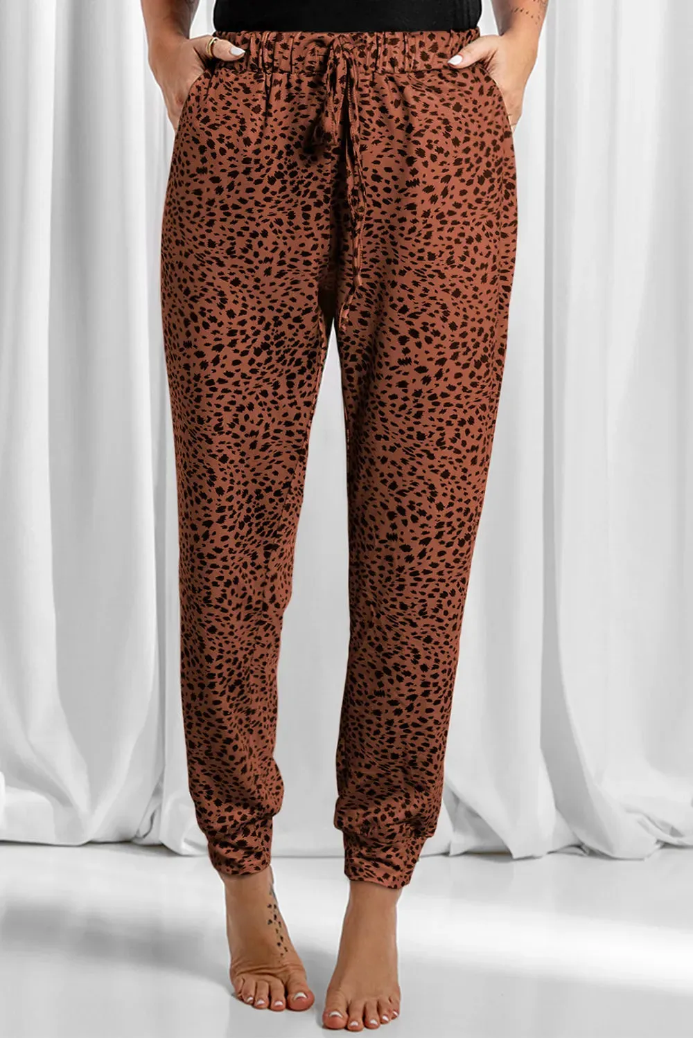Full Size Leopard Drawstring Pocketed Pants for Women