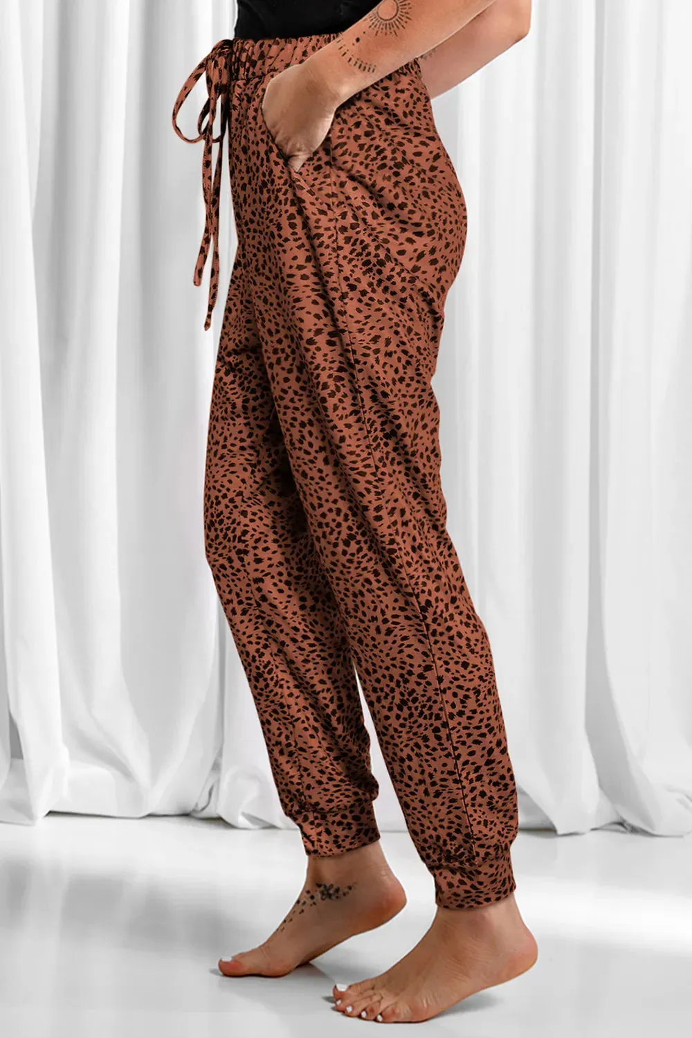 Full Size Leopard Drawstring Pocketed Pants for Women