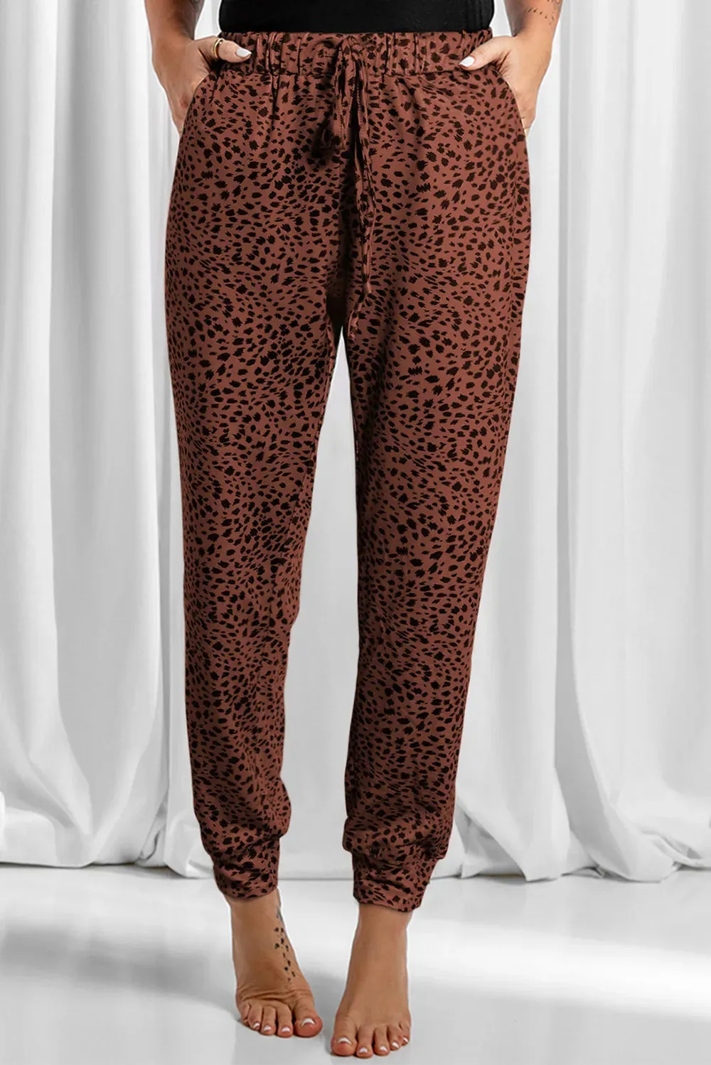 Full Size Leopard Drawstring Pocketed Pants for Women