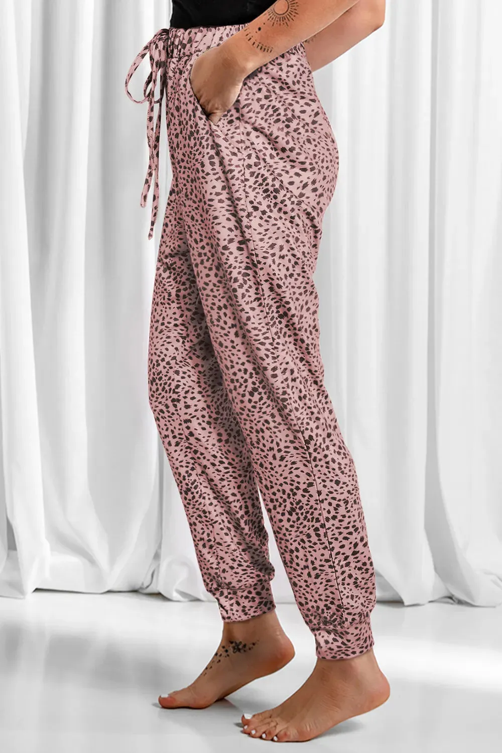 Full Size Leopard Drawstring Pocketed Pants for Women
