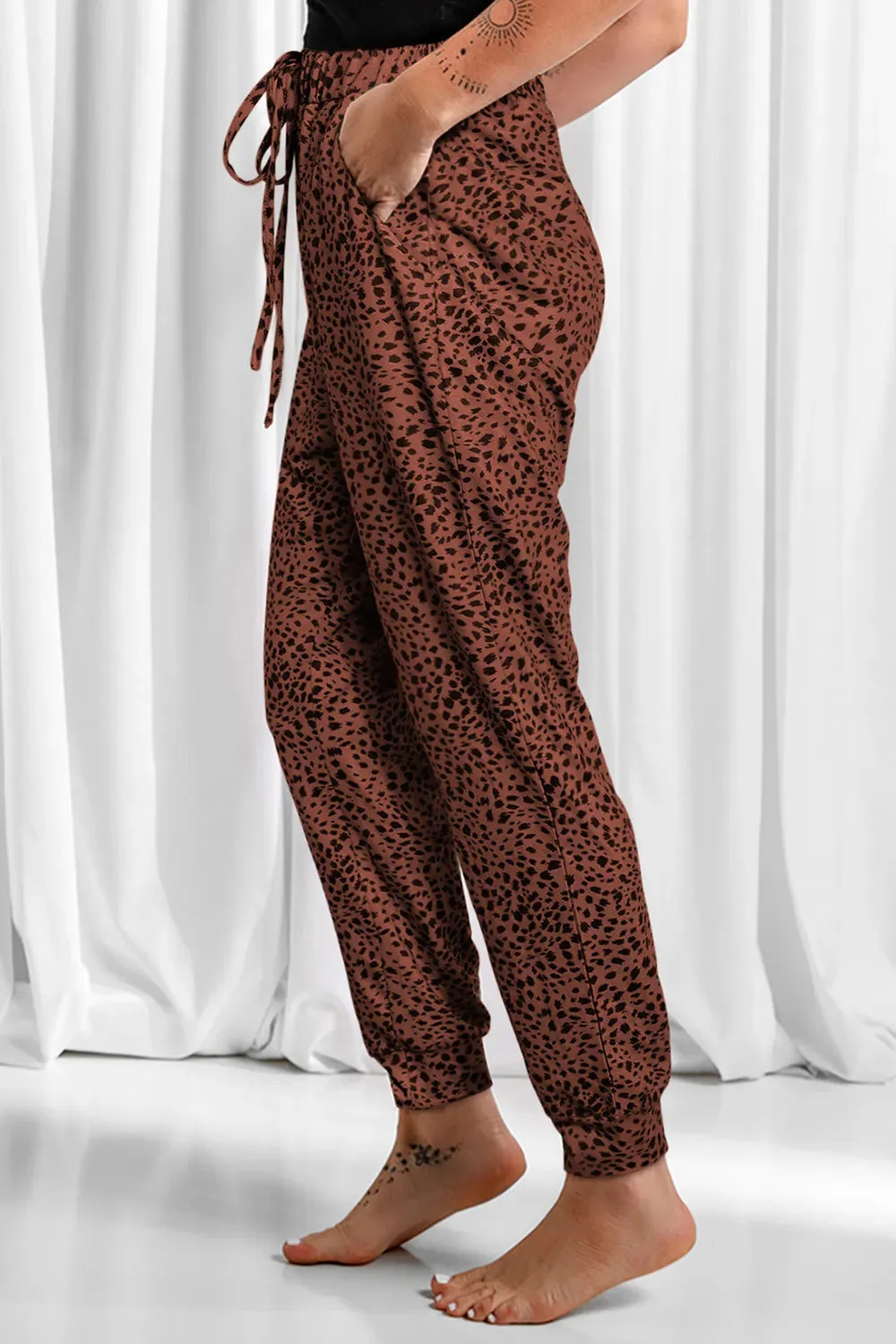 Full Size Leopard Drawstring Pocketed Pants for Women