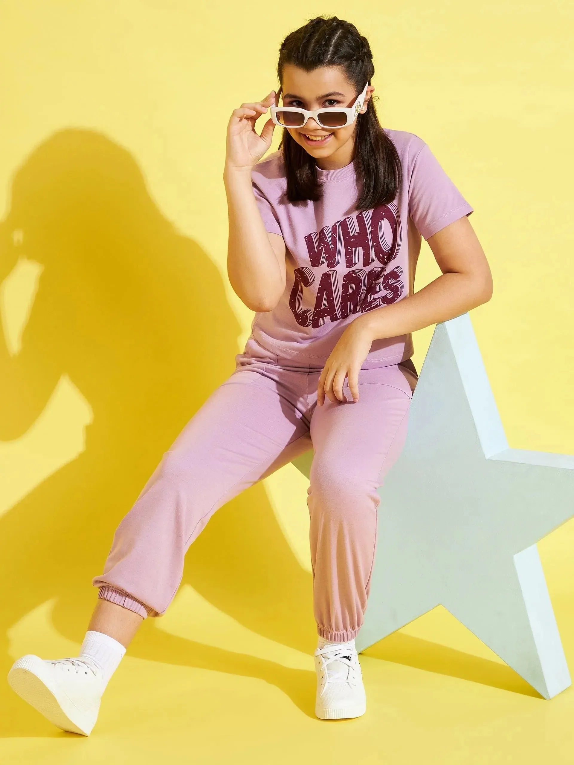 Girls Lavender WHO CARES Crop Top With Joggers