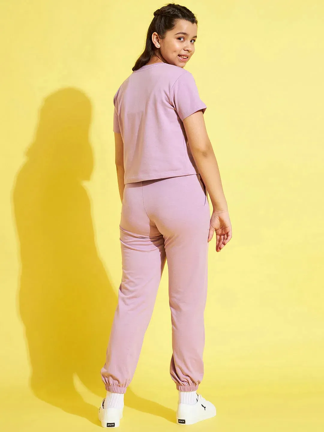 Girls Lavender WHO CARES Crop Top With Joggers