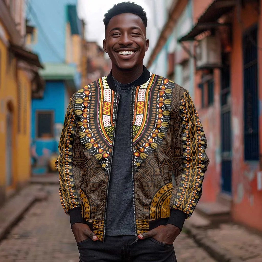 Gold Dashiki and Tapa Pattern Bomber Jacket Africa-Polynesia Together Culture LT9
