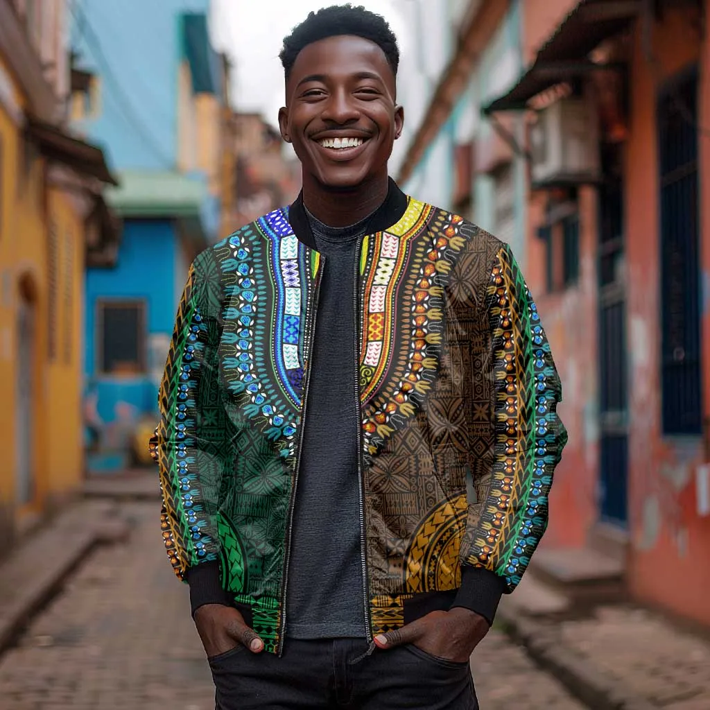 Green-gold Dashiki and Tapa Pattern Bomber Jacket Africa-Polynesia Together Culture LT9