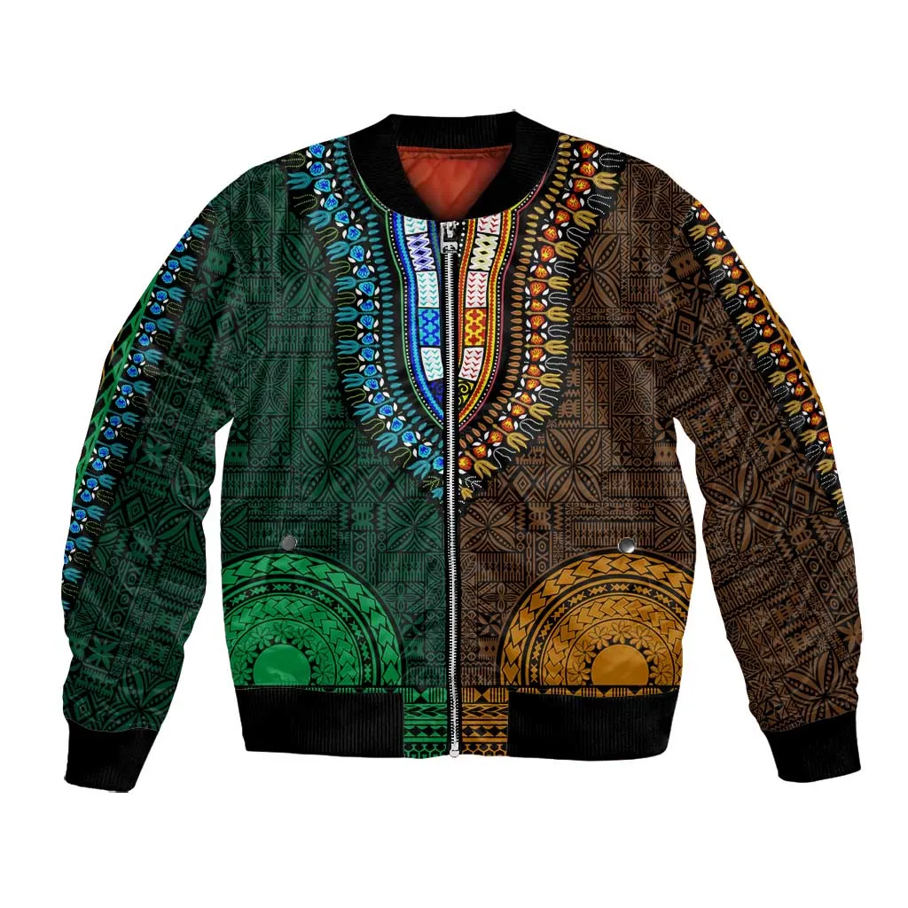 Green-gold Dashiki and Tapa Pattern Bomber Jacket Africa-Polynesia Together Culture LT9
