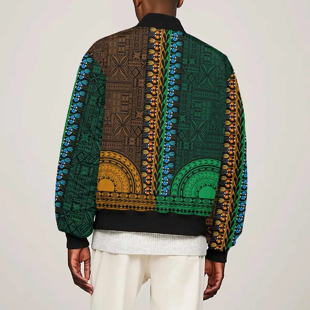 Green-gold Dashiki and Tapa Pattern Bomber Jacket Africa-Polynesia Together Culture LT9