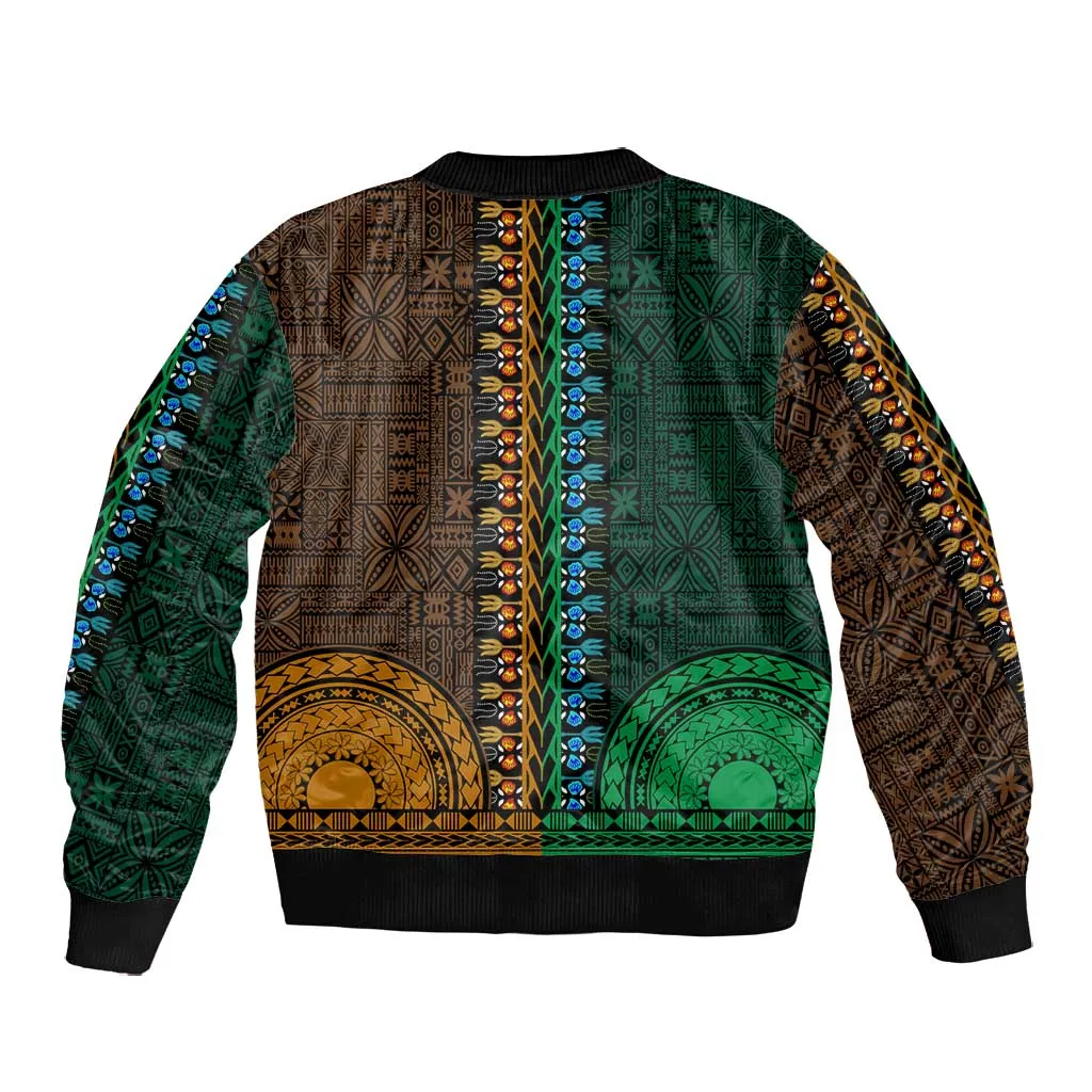 Green-gold Dashiki and Tapa Pattern Bomber Jacket Africa-Polynesia Together Culture LT9