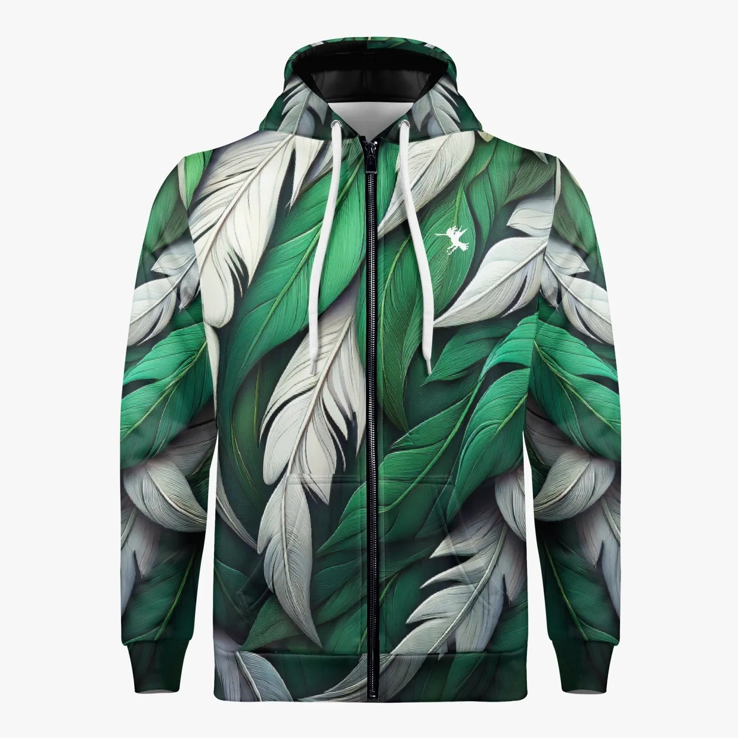 Green White Feathers Zip Up Hoodie