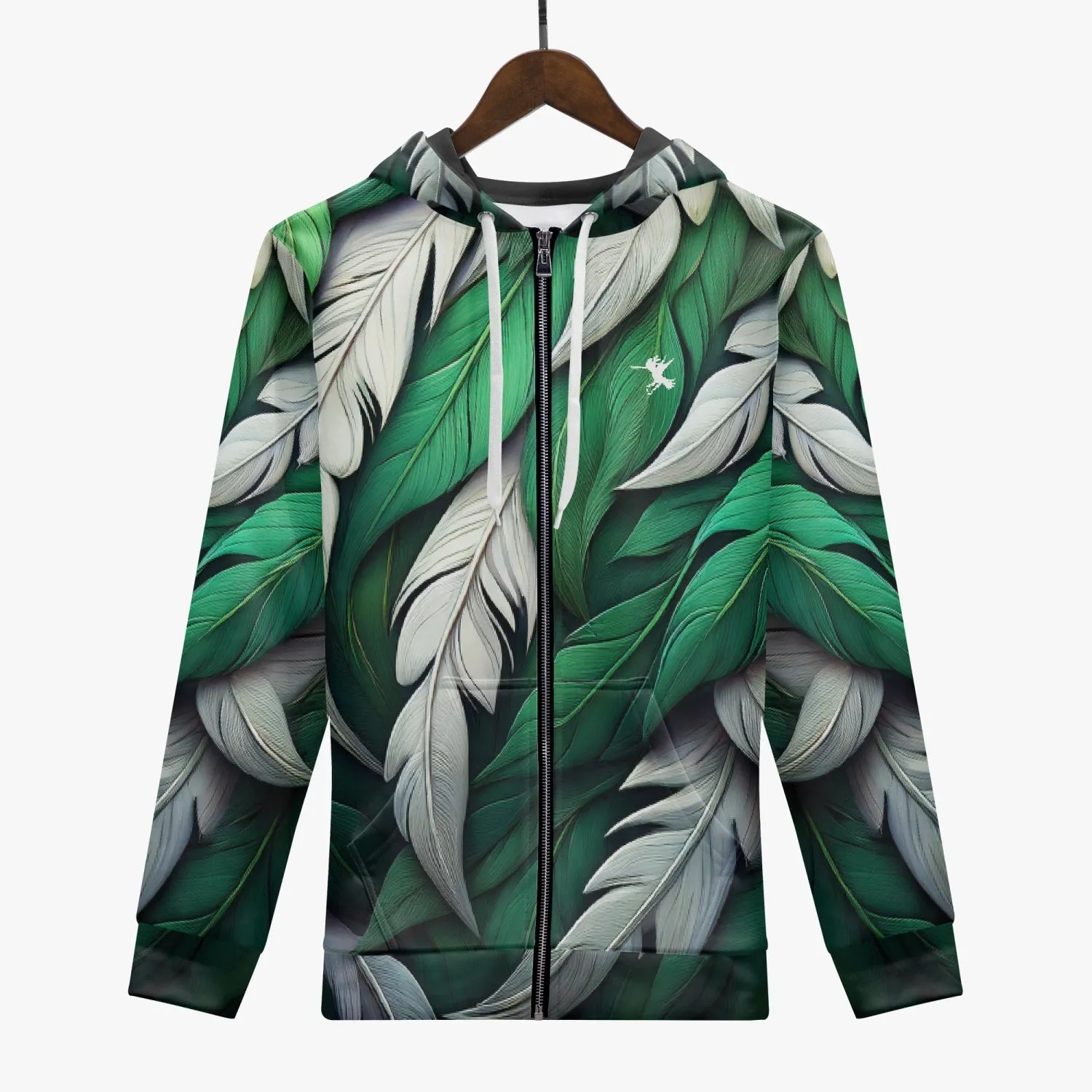Green White Feathers Zip Up Hoodie
