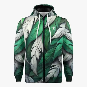 Green White Feathers Zip Up Hoodie