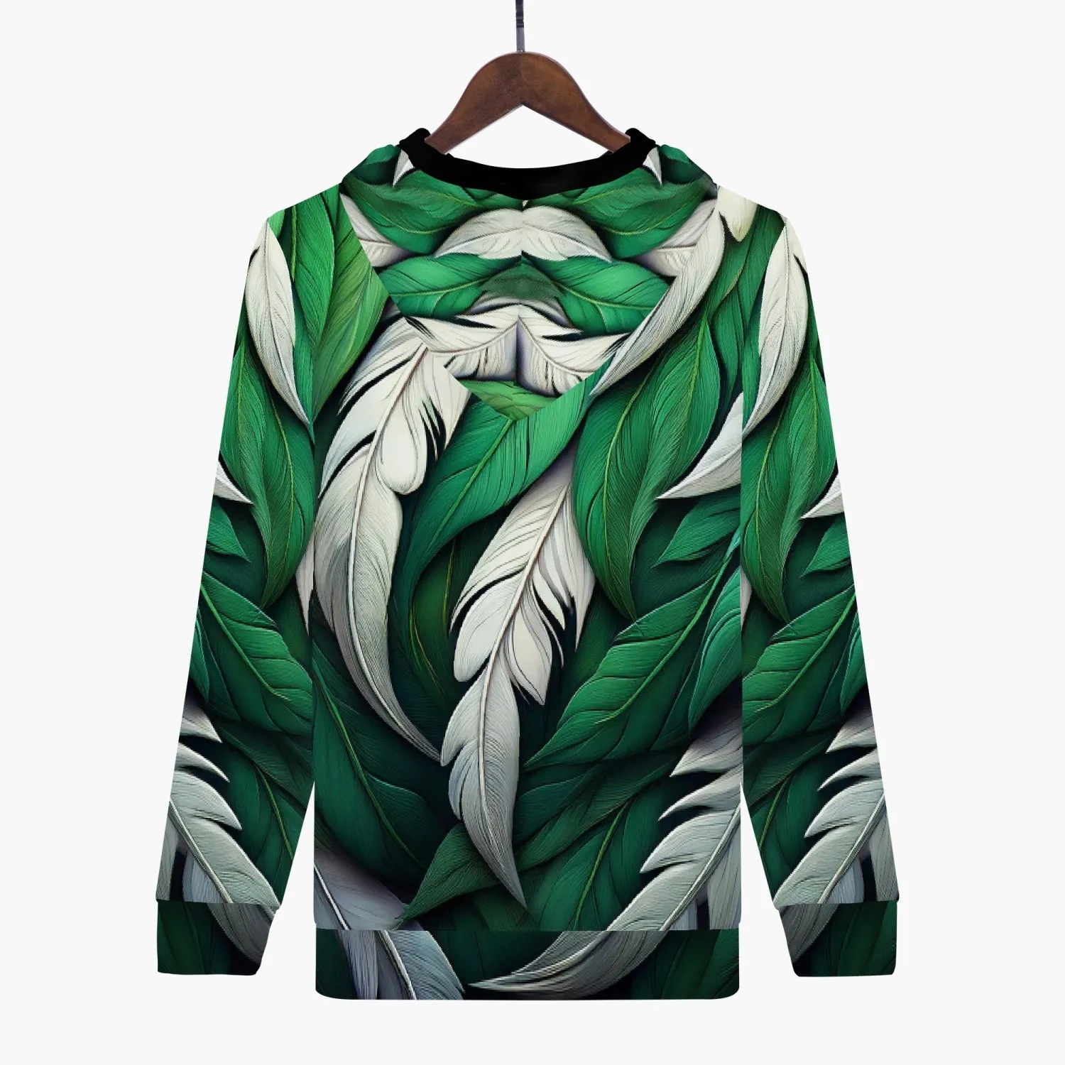 Green White Feathers Zip Up Hoodie
