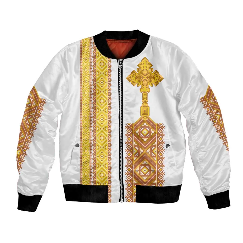Habesha Motifs Ethiopia Bomber Jacket Tilet White Gold LT7