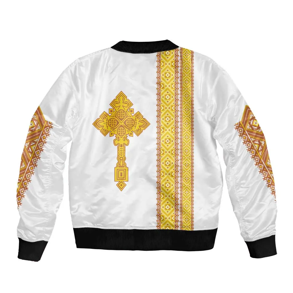 Habesha Motifs Ethiopia Bomber Jacket Tilet White Gold LT7