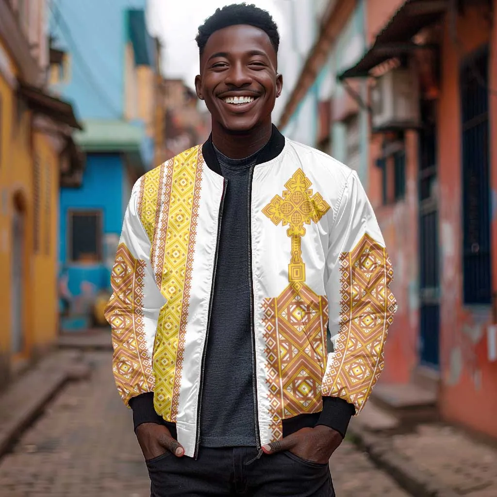 Habesha Motifs Ethiopia Bomber Jacket Tilet White Gold LT7