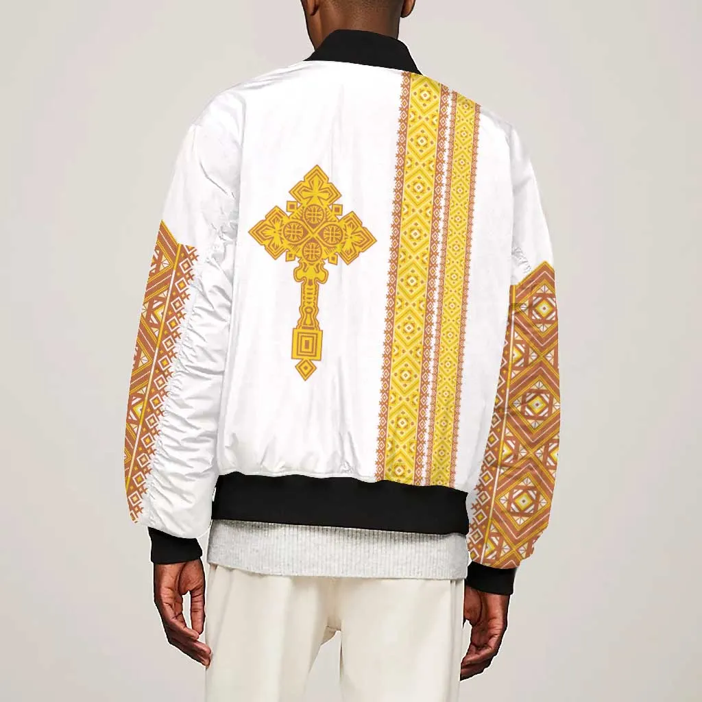 Habesha Motifs Ethiopia Bomber Jacket Tilet White Gold LT7