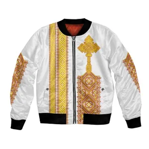 Habesha Motifs Ethiopia Bomber Jacket Tilet White Gold LT7