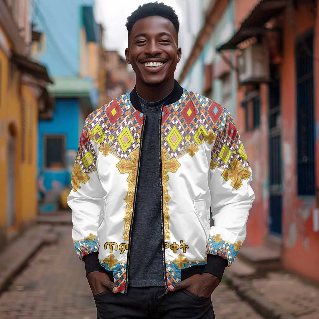 Happy Ethiopian Timkat Bomber Jacket Cross Mix Tilet Pattern LT15