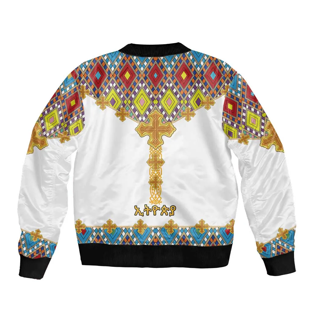 Happy Ethiopian Timkat Bomber Jacket Cross Mix Tilet Pattern LT15