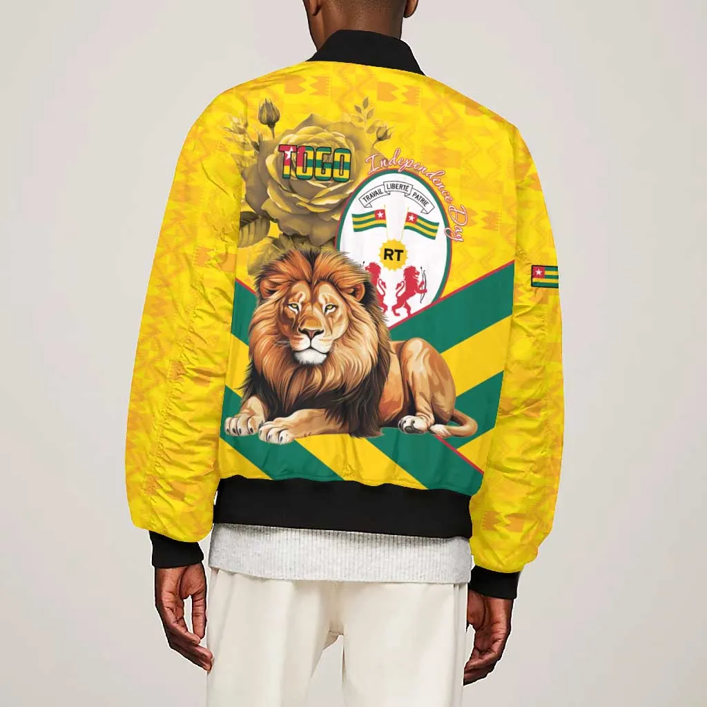 Happy Togo Independence Day Bomber Jacket Lion With Coat Of Arms - Kente Pattern LT15