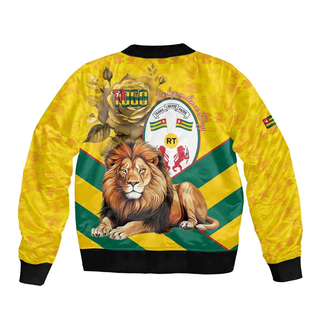 Happy Togo Independence Day Bomber Jacket Lion With Coat Of Arms - Kente Pattern LT15
