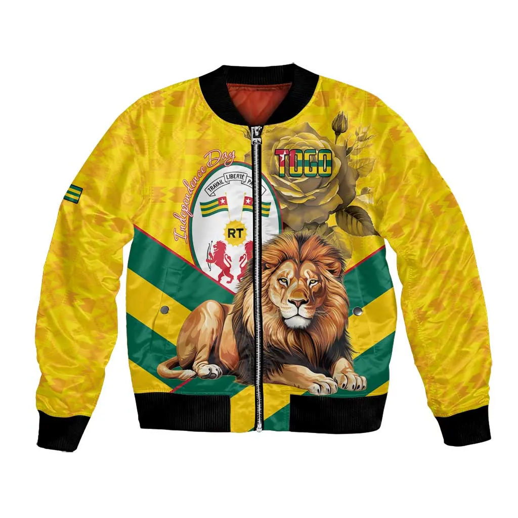 Happy Togo Independence Day Bomber Jacket Lion With Coat Of Arms - Kente Pattern LT15