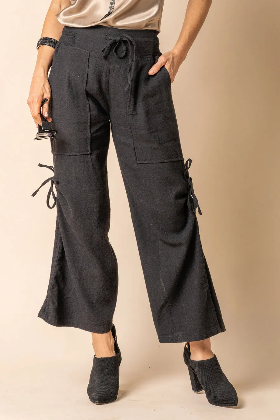 Hugo Linen Blend Pant In Black   Khaki   Latte - Imagine Fashion