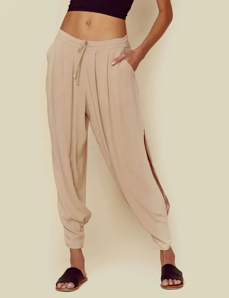 Indah Clothing Alligator Drawstring Side Slit Pant | Black, Nude, Red and Stone Stripe