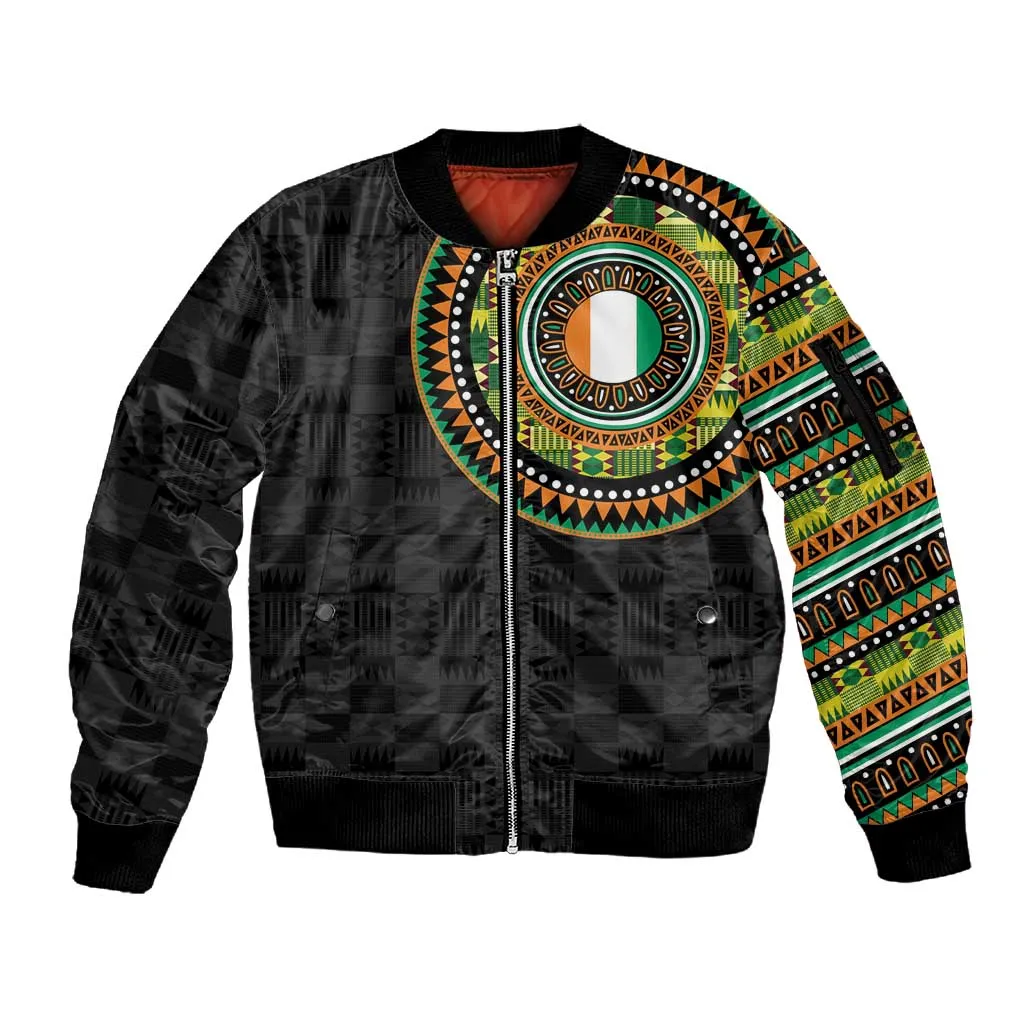 Ivory Coast African Tribal Pattern Sleeve Zip Bomber Jacket Chest Arm Tattoo LT15