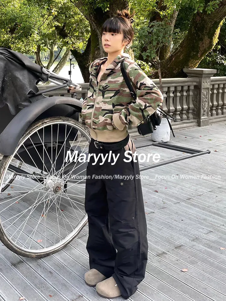 JazzHer 2025 Autumn Streetwear Camouflage Sweatshirts Jacket Women Clothes Casual Y2k Crop Tops Hooded 2000s Vintage Chic Zipper Hoodies