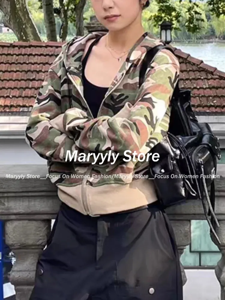 JazzHer 2025 Autumn Streetwear Camouflage Sweatshirts Jacket Women Clothes Casual Y2k Crop Tops Hooded 2000s Vintage Chic Zipper Hoodies