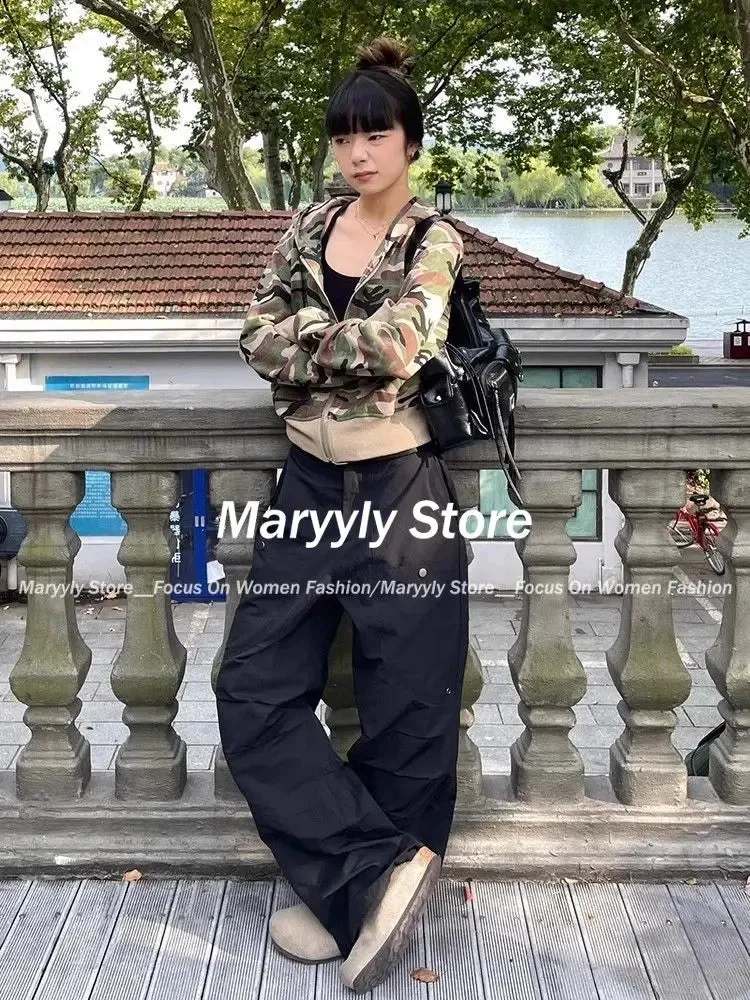JazzHer 2025 Autumn Streetwear Camouflage Sweatshirts Jacket Women Clothes Casual Y2k Crop Tops Hooded 2000s Vintage Chic Zipper Hoodies