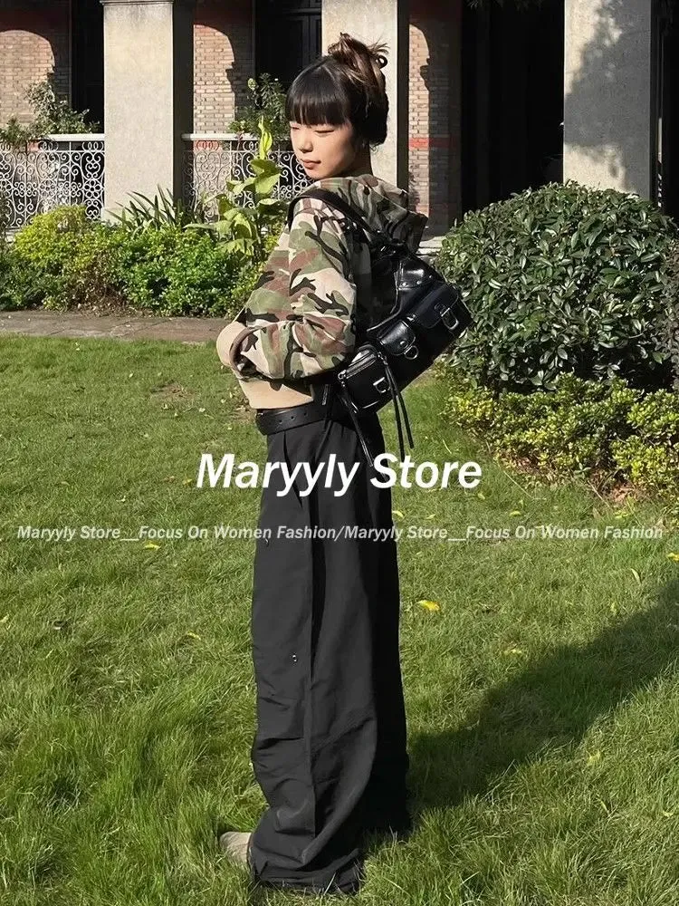 JazzHer 2025 Autumn Streetwear Camouflage Sweatshirts Jacket Women Clothes Casual Y2k Crop Tops Hooded 2000s Vintage Chic Zipper Hoodies