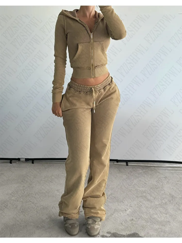 JazzHer Y2K Aesthetic Women's Outfits Casual Solid Chic Crop Zipper Hoodie vintage Emo Girls American Style Harajuku Trousers streetwear