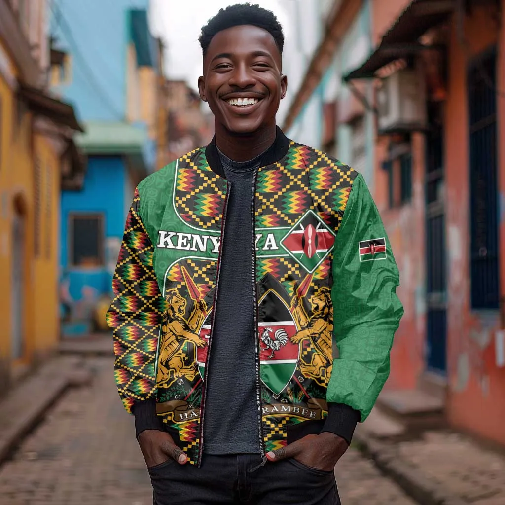 Kenya Bomber Jacket - Kente Pattern, Coat Of Arms Design LT15