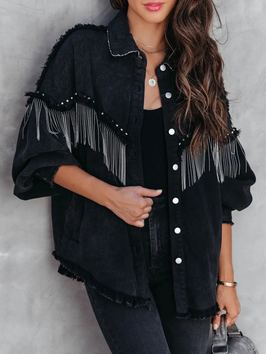 Knightly Pocketed Studded Fringe Denim Jacket
