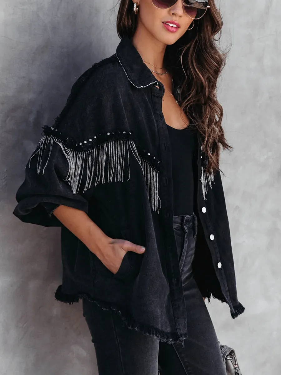 Knightly Pocketed Studded Fringe Denim Jacket